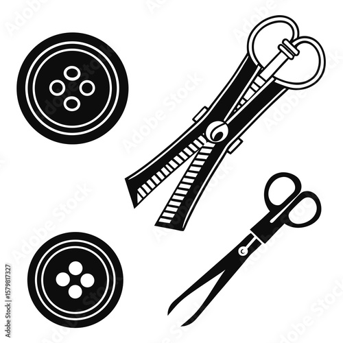 Black sewing accessories on white background tailoring craft