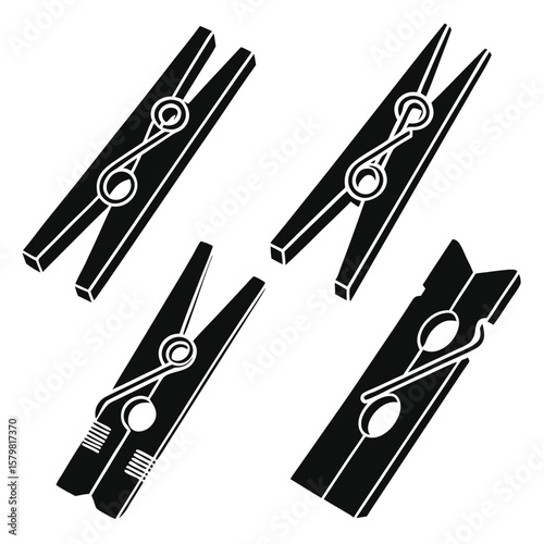 Black silhouette clothes pins on white background laundry clipping