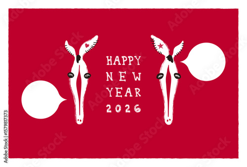 長ーい顔の馬の年賀はがき2026 ベクター〜レッド〜