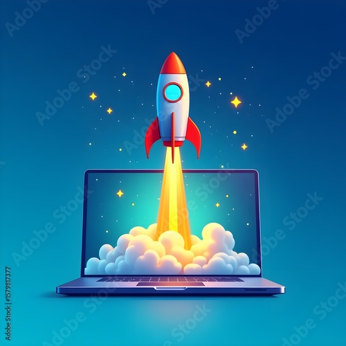 Flat Startup Rocket Launch Illustration – Business Growth Concept