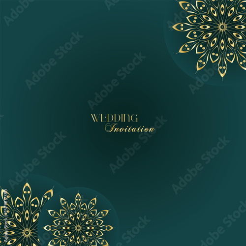 Elegant Gold Mandala Wedding Invitation Template on Dark Green Background