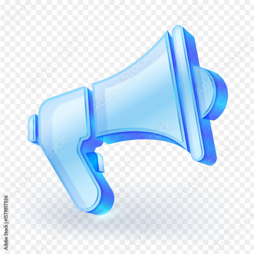 Glossy 3D blue glass megaphone icon isolated on transparent background. Modern digital illustration symbolizing announcement, alert, or marketing communication. Vector illustration.