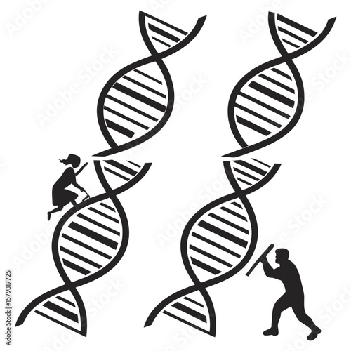 Black silhouettes of D N A double helix structures with human figures science genetics