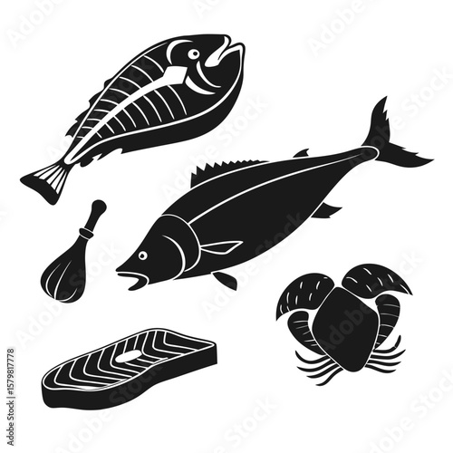 Black silhouettes of fish meat and crab on white seafood food