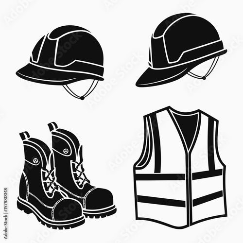 Black silhouettes of protective headwear work boots and safety vest safety gear workwear