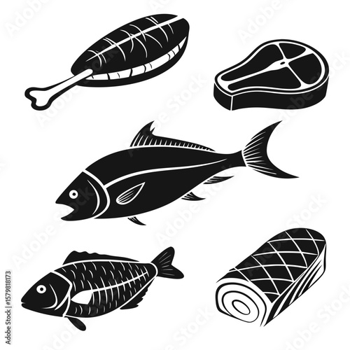 Black silhouettes of raw meat and fish steak food