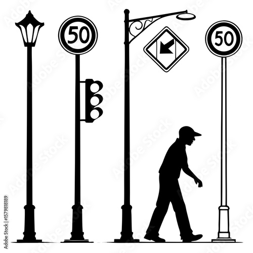 Black silhouettes of streetlights traffic signals and pedestrian speed limit signs