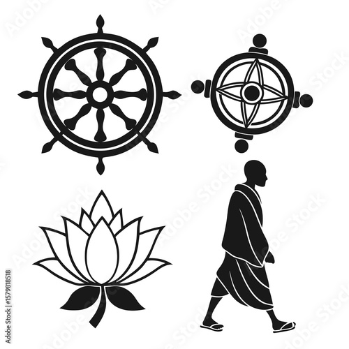 Buddhist symbols dharma wheel lotus monk walking lotus flower