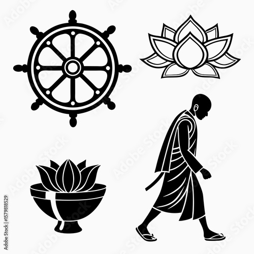 Buddhist symbols dharma wheel lotus monk walking buddhism lotus flower