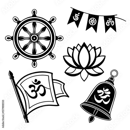 Buddhist symbols dharma wheel lotus om bell flag lotus flower om symbol