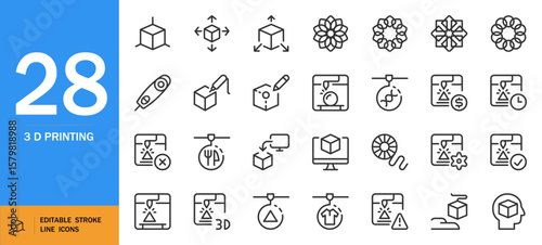 3D Printing icon set. Industrial AI platform vector icons. Single line art for data, 3D cube model, 2D/3D monochrome graphics. Editable SVG.