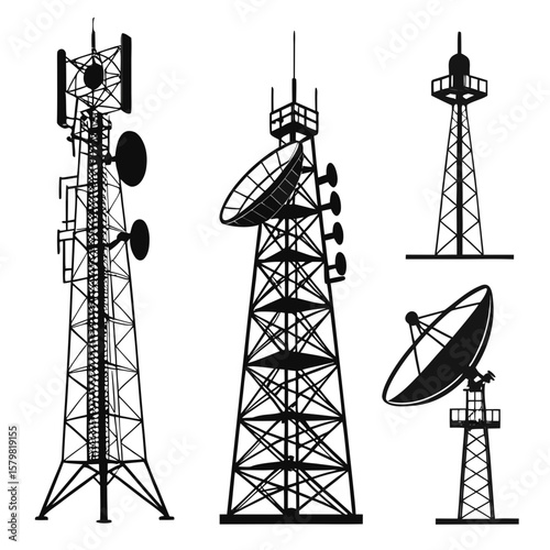 Communication towers with satellite dishes and antennas telecommunication broadcast
