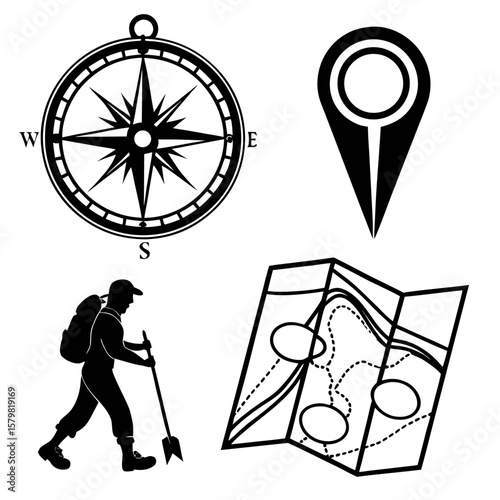 Compass hiker map location marker navigational tools vector