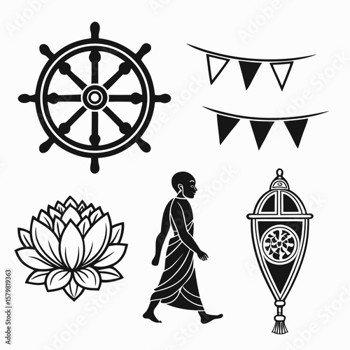 Dharma wheel lotus monk prayer flags lantern lotus flower buddhist monk