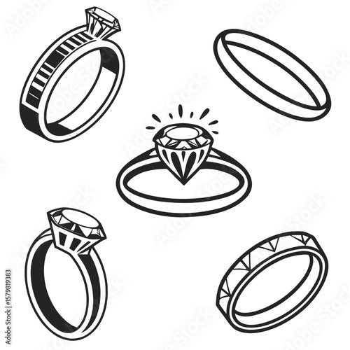 Diamond solitaire and band ring icons wedding