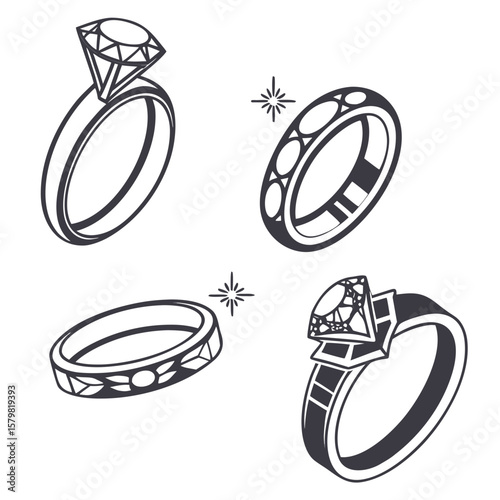 Diamond solitaire band ring wedding engagement jewelry icons vector