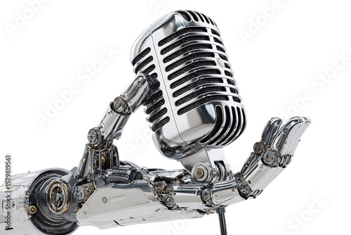 Robotic hand holding vintage microphone.
