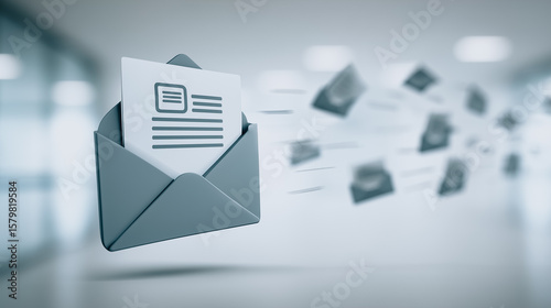E-mail Distribution: An open envelope releasing multiple digital letters, symbolizing the dissemination of information and connectivity.