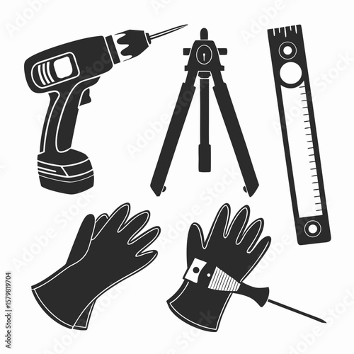 Drill tripod level gloves and screwdriver vector