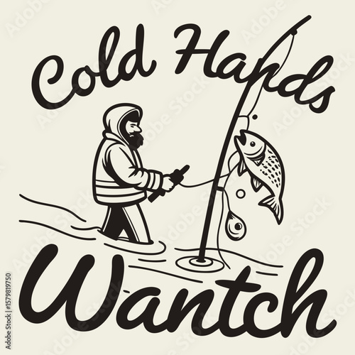 Vintage Style Illustration of a Fisherman Catching a Fish in Cold Water