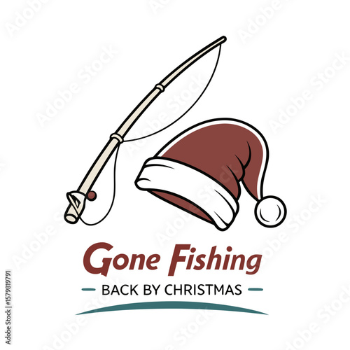 Gone Fishing back by Christmas with fishing rod and Santa hat illustration