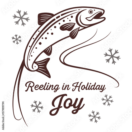 Holiday Fishing Season Illustration with Trout and Snowflakes for Festive Greetings
