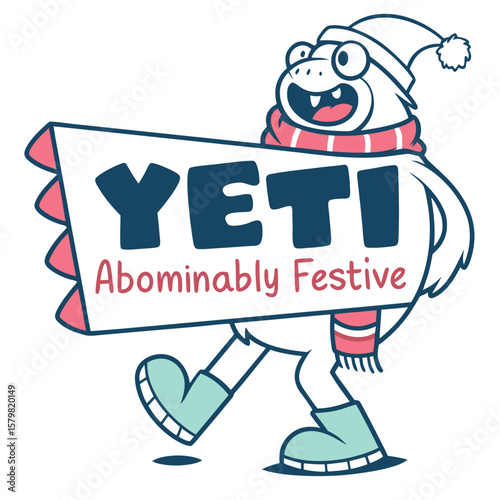 Cartoon Yeti Character Holding Abominably Festive Sign with Hat and Scarf