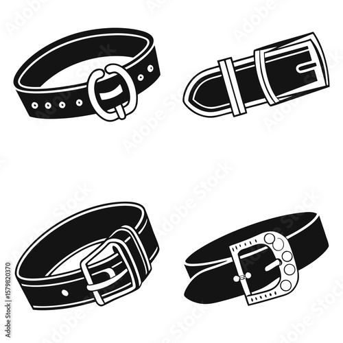 Four black belt and buckle silhouettes fashion accessory