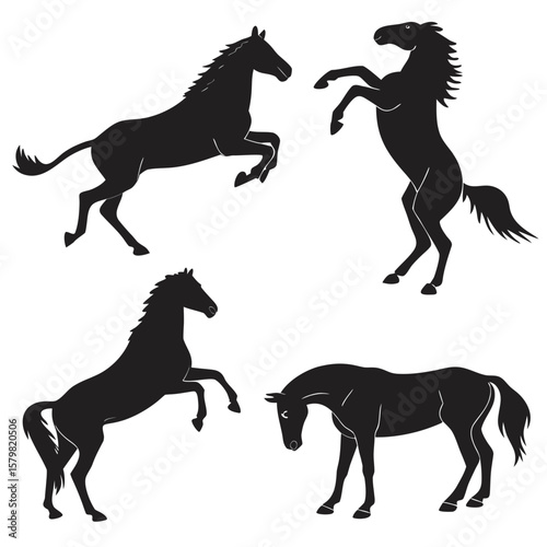 Four black horse silhouettes in various poses galloping rearing