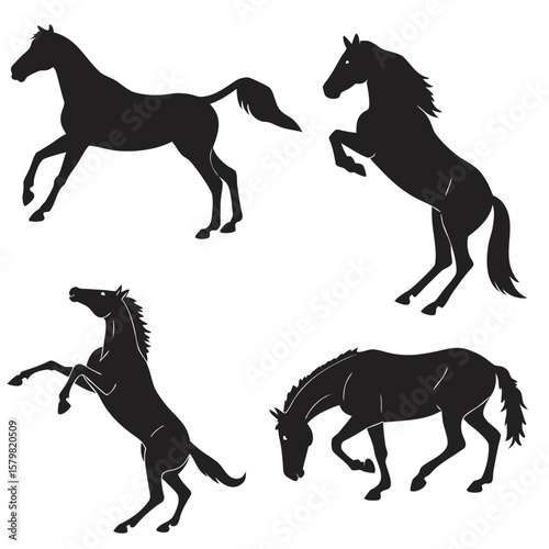 Four Black Horse Silhouettes in Various Poses galloping rearing