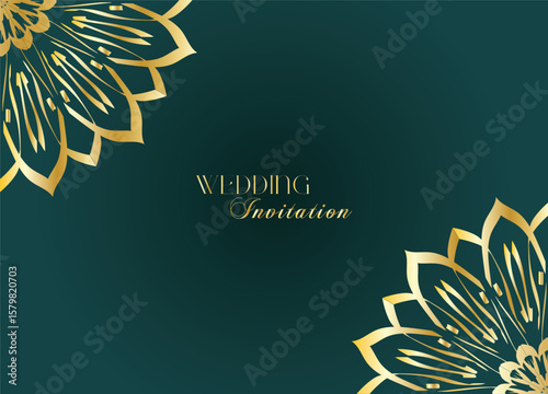 Elegant Gold Mandala Wedding Invitation Template on Dark Green Background