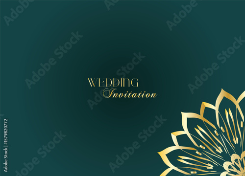 Elegant Gold Mandala Wedding Invitation Template on Dark Green Background