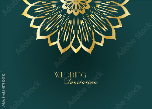Elegant Gold Mandala Wedding Invitation Template on Dark Green Background