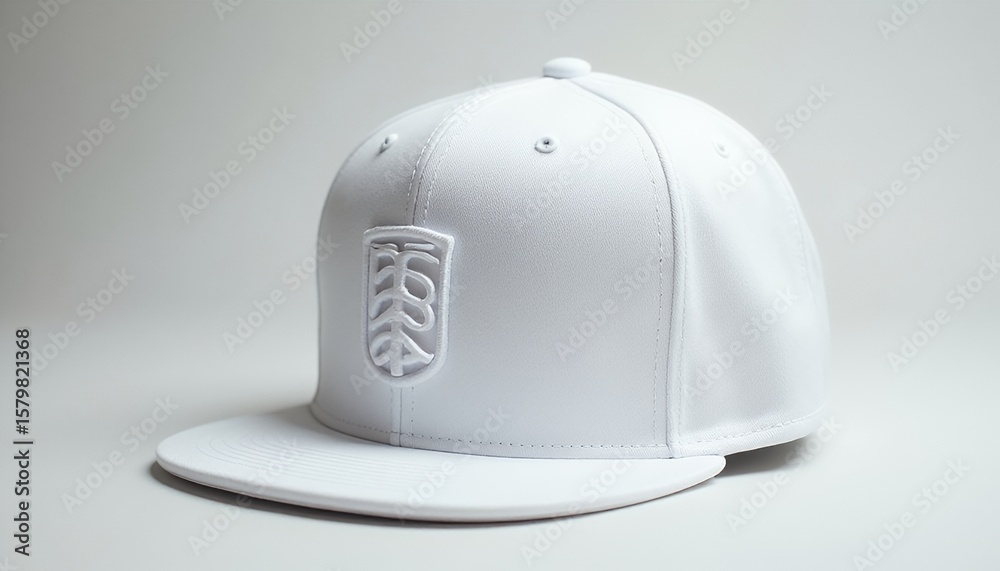 Fototapeta premium White Flat Brim Baseball Cap with Embroidered Logo