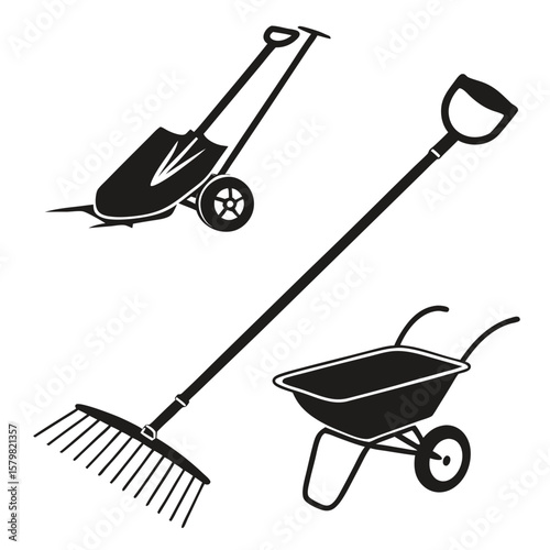 Garden tools shovel rake wheelbarrow silhouette landscaping tools