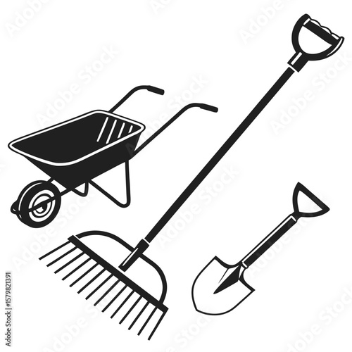 Garden tools wheelbarrow rake shovel landscaping
