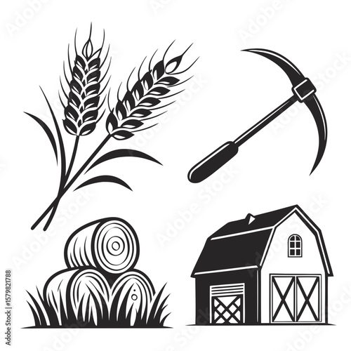 Harvest symbols wheat sickle barn hay bales vector