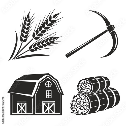 Harvest Festival Symbols Wheat Sickle Barn Hay Bales vector