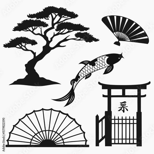 Japanese ink style silhouettes of bonsai tree koi fish torii gate and fans vector
