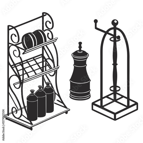 Kitchen rack with bottles and grinders spices