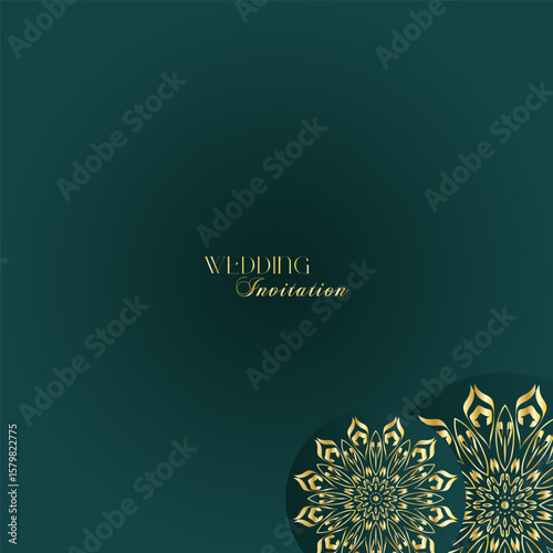 Elegant Gold Mandala Wedding Invitation Template on Dark Green Background
