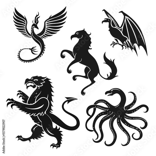 Bild auf Leinwand Mythological creatures phoenix griffin dragon kraken chimera vector