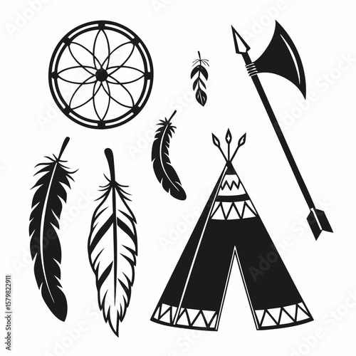 Native american cultural objects dreamcatcher feathers teepee axe vector
