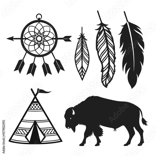 Native american cultural silhouettes buffalo teepee feathers arrow bison