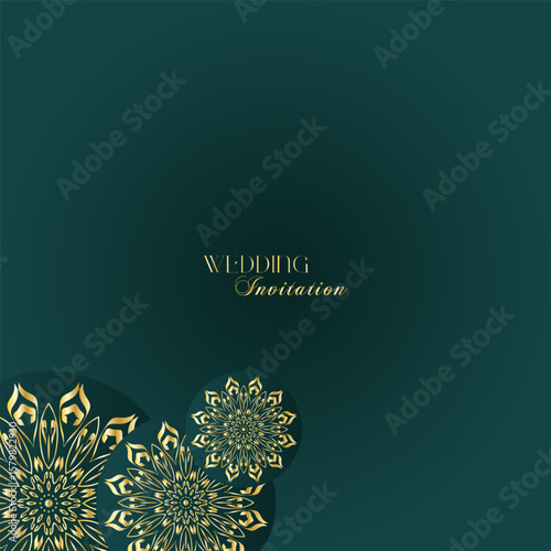 Elegant Gold Mandala Wedding Invitation Template on Dark Green Background