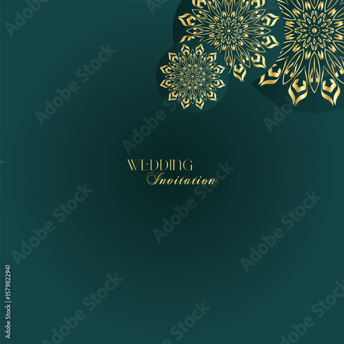 Elegant Gold Mandala Wedding Invitation Template on Dark Green Background
