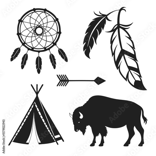 Native american cultural icons dreamcatcher feathers arrow teepee bison vector