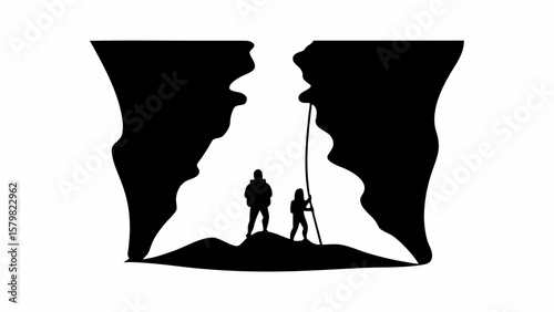 Silhouette of two people in a cave with a rope hanging down from the top of the cave entrance view 100