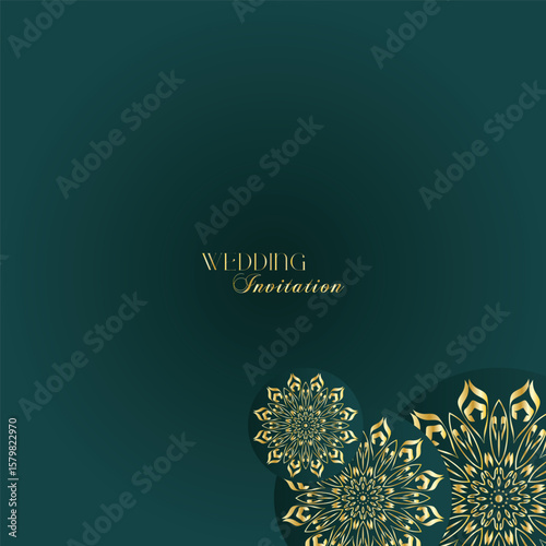 Elegant Gold Mandala Wedding Invitation Template on Dark Green Background