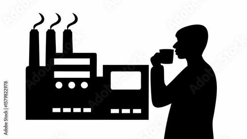 Silhouette of a man drinking coffee next to a factory with smoke stacks in black and white image